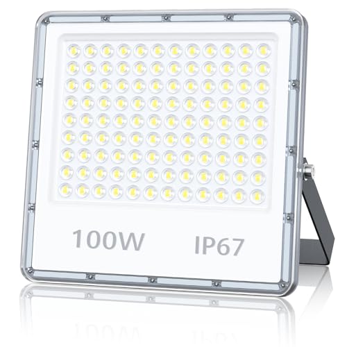 TOPAUBUB Outdoor LED Spotlights 100W, Outdoor LED Projector 10000LM 6500K Cool White Waterproof IP67 for Garden (1 Piece)