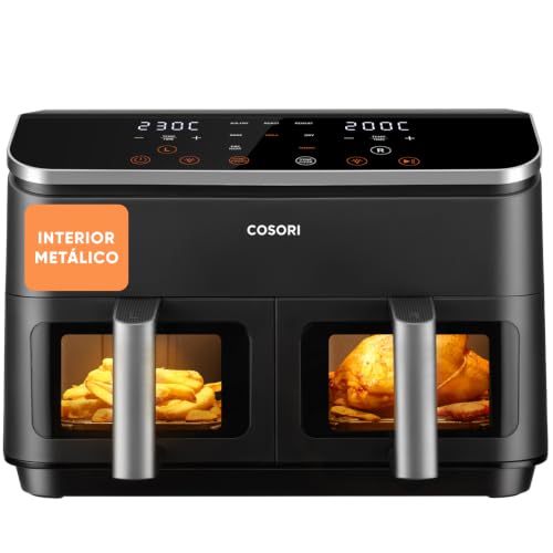 Freidora de Aire Grande con Doble Cesta 8,5L Air Fryer, Alta Pontencia y Velocidad, Max 8-10 Personas, 10 Funciones, Acero Inox Interior con Fianza, Más Sano, Panel Táctil Intuitivo, Limpiable