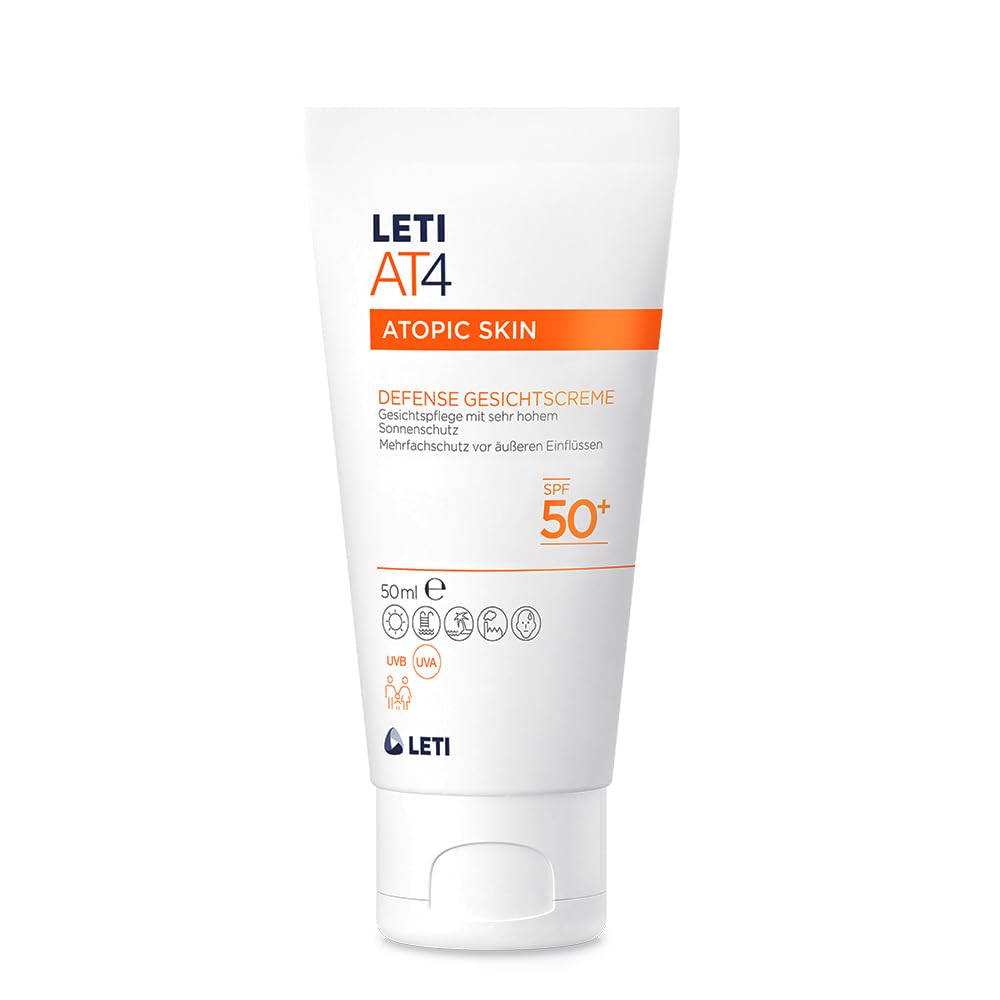LETI AT4 Defense Gesichtscreme SPF 50+ - Wasserabweisende, hautschützende Gesichtspflege mit hohem Sonnenschutz (SPF 50+) bei trockener oder zu Neurodermitis neigender Haut, 50 ml Cream