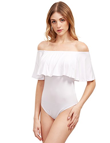 Verdusa Women's Off The Shoulder Short Sleeve Ruffle Bodysuit White XS
