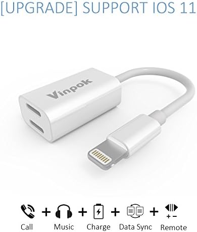 Dual Lightning Adapter &amp; Splitter for iPhone 7 / 7 Plus/8, Vinpok Lightning Splitter Audio + Charge and Sync Data Compatible for iOS 9.3.3-11.0.3 (White)