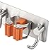 Bosszi Broom Holder Mop Holder Gardening Tools Organizer, SUS 304 Stainless Steel Brushed & Non-Slip Silicone Self-Adhesive Mounted Storage Racks with 3 Positions & 4 Hooks Holds Up to 7 Tools Firmly
