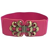 Lady Faux Leather Metal Interlock Buckle Elastic Waist Belt Cinch Fuchsia