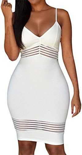 worlsky Sexy Womens Sheer Stripes Accent V Neck Party Midi Dress WhiteX-Large