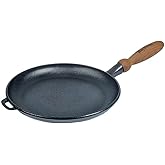 Crepe Pan Cast Iron Pancake Pan with Wooden Handle 9.5 x 0.8" Cooking Pan for Omelette Dosa Pan, Induction Safe