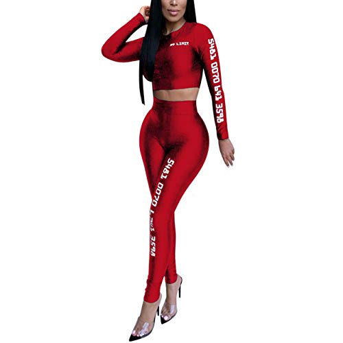 Women's 2 Piece Outfits Long Sleeve Printed Bodycon Crop Top and Long Pants Red