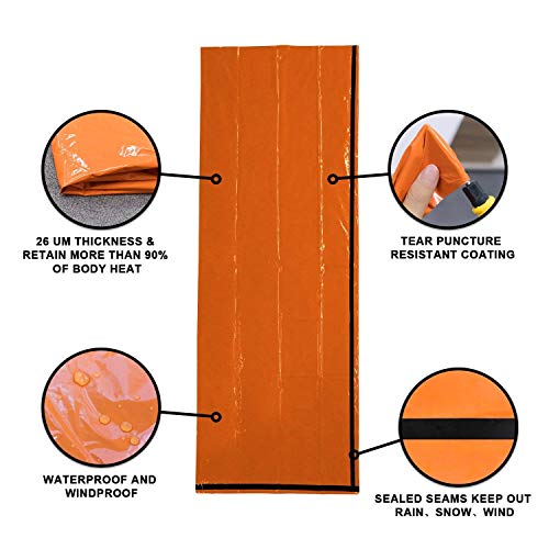 Delmera Emergency Survival Sleeping Bag, Lightweight Waterproof Thermal Emergency Blanket, Bivy Sack with Portable Drawstring Bag for Outdoor Adventure, Camping, Hiking, Orange (Orange-one pack)