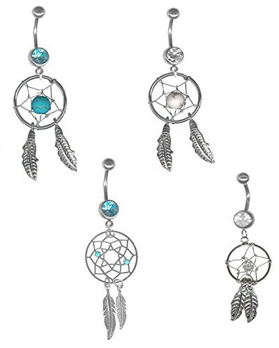 4 PC. Dream Catcher Belly Button Ring Variety Pack 14 gauge 3/8-Two Turquoise Color and Two Clear Dream Catcher Feather Belly Ring Set
