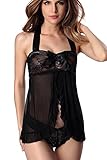 SEXYHUT Women Sexy Halter Lingerie Straps Chemise Babydoll Sleepwear Outfits,Free Size (Black)