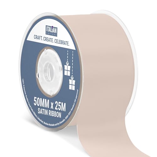 Italian Options Satin Ribbon, Fabric Ribbons for Gift Wrapping, Crafting, Balloons, Wedding Car, Presents, Cake, Christmas, Birthday, Gift Wrap Accessories, 50mm Wide x 25 Metre Roll, Taupe
