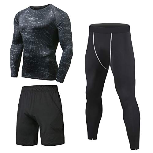 Niksa 3 Pcs Men's Workout Clothes Set with Compression Pants, Sweat-Wicking Shirt and Loose Fitting Shorts