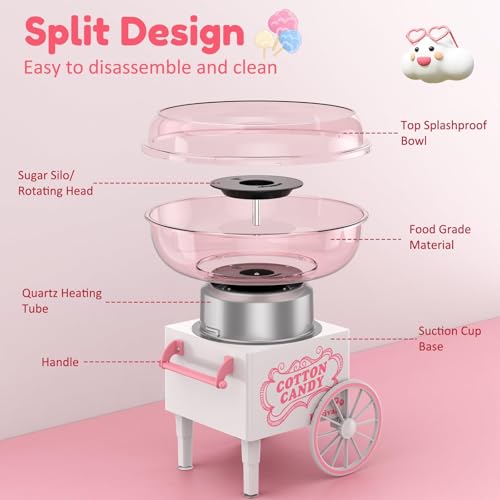 NIUB Cotton Candy Machine, Mini Cotton Candy Maker Machine for Kids with Sugar Scoop, Easy & Safe to Use, Pink Vintage Portable Candy Floss Maker for Birthday, Home, Party Gatherings, Christmas Gift