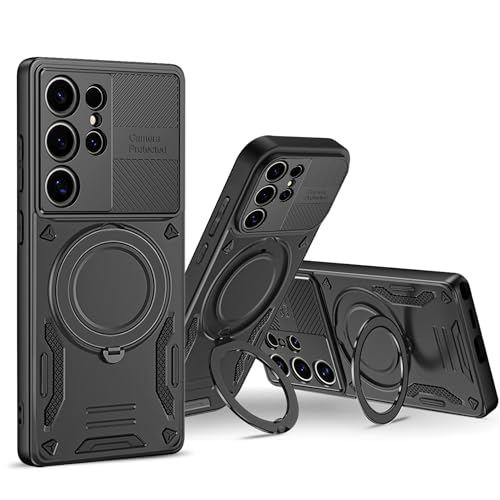 PANXIYUE Samsung Galaxy S24 Ultra 5G Case, with Invisible Magnetic Stand 360° Rotating Invisible Kickstand PC + Soft TPU Shockproof Protective Edges, Black