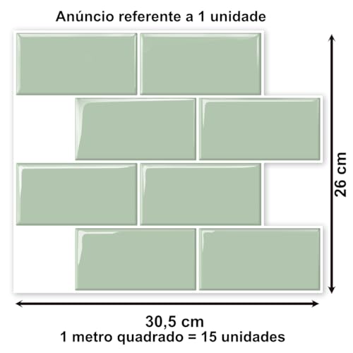 Placa Pastilha Adesiva Resinada 3D Sticksy Revestimento Decorativo Impermeável para Cozinha Banheiro (Verde Subway - 30,5 x 26 Cm)
