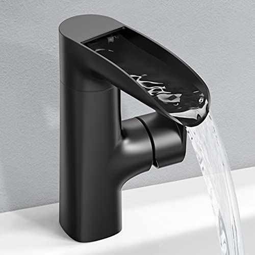 Black Bathroom Faucet - WaterSong Bathroom Sink Faucet, Waterfall Spout Faucet for Bathroom Sink, Matte Black Single Hole Bathroom Faucet, 360° Swivel Spout, RV Modern Bathroom Faucet, 100% Lead-Free