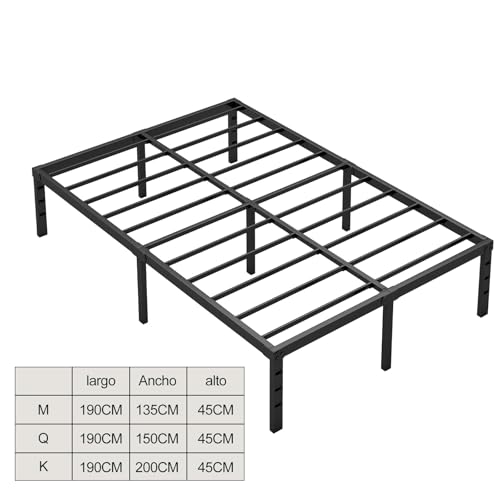 OSLIFE Base Cama Matrimonial，18 Pulgadas de Altura ，Espacio de Almacenamiento Debajo de la Cama, Hierro Metálico Camas，Fácil de Montar, con Gran Capacidad de Carga(135x190CM/53.15x74.8 Pulgadas)
