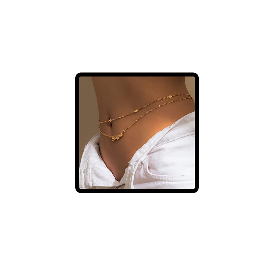 Carufin Letter Pendant Waist Chain Gold Layered Belly Chain Body Chain Summer Beach Costume Jewelry for Women and Girls
