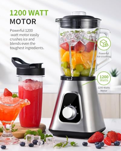 GDOR 1200W Smoothie Blender 2 in 1 Blender with 1.5L Glass Jug & 650ML Travel Cup 3 Speed Smoothie Maker Professional Glass Jug Blenders for Smoothies, Shakes, Frozen Drinks, Ice, Sauces, Silver