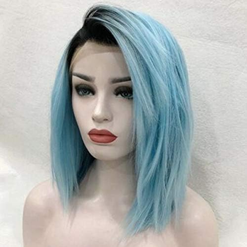 Blue Short Lace Front Wigs Luckyfine Short Bob Straight Hair,Synthetic Shoulder Length Wigs, High-Quality Heat Resistant Wigs,Half Hand Tied Lace Wigs, Ombre Blue Women Natural Cosplay Party Wigs 14"