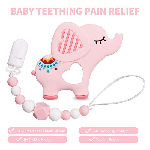 AmazingM Baby Teething Toys,Food Grade Silicone Elephant Teether Toy with Pacifier Clip Holder Set for Newborn Babies,BPA Free,Freezer Safe (Pink)
