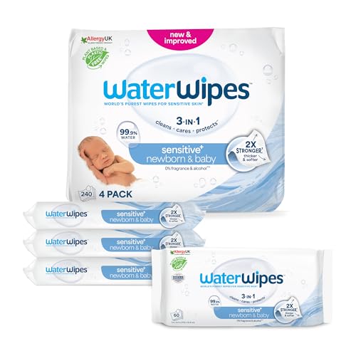 WaterWipes Sensitive+ Newborn & Baby Wipes, 240 Count (4 Packs), 3-In-1 Cleans, Cares, Protects, 99.9% Water, Unscented
