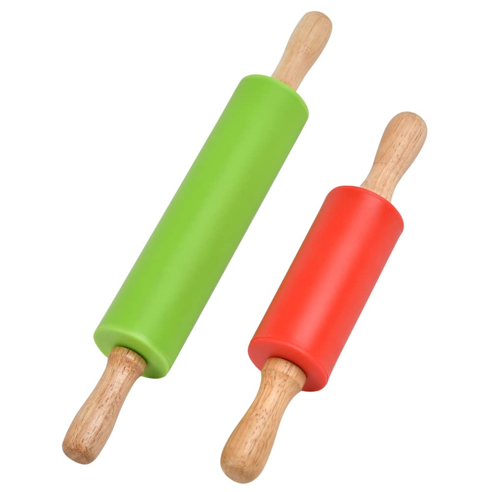 RIVLOP 2pcs Wooden Handle Silicone Rolling Pin,Non-Stick Silicone Pastry Dough Flour Rollers Kitchen Baking Cooking Tools for Baking Pizza Cookie Cake Pastry