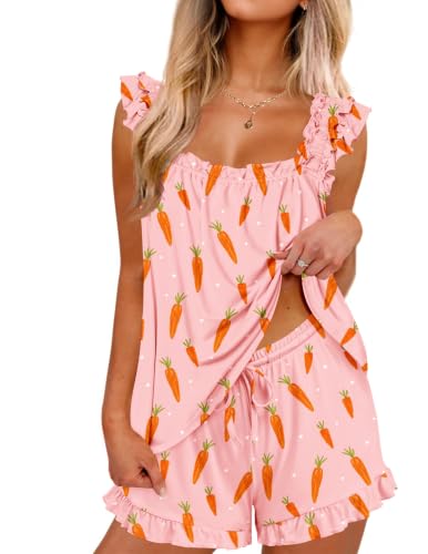 Ekouaer Womens Pajama sets Ruffle Pjs Soft Tank Top and Shorts Bridal Pajamas Sleeveless Lounge Sets for Women Pink Pajamas Carrot L at Amazon