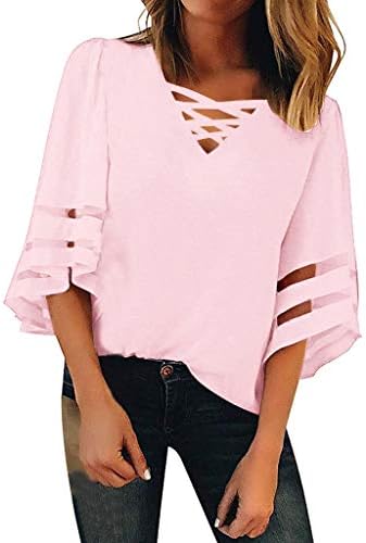 fasloyu Women's V Neck Mesh Panel Blouse 3/4 Bell Sleeve Casual Loose Top Shirt
