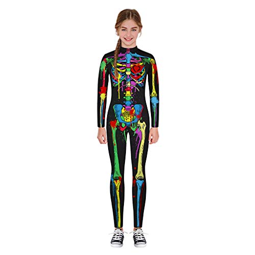 charmsamx Kids Halloween Jumpsuit Cosplay Costume Skeleton Printed Bodysuit Lifelike Novelty Skull Tights Halloween Costumes for Boys Girls - Thumbnail 4