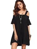 Milumia Women's Cold Shoulder Ruffle Sleeve Loose Shift Swing Tunic Dress Black M