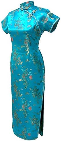 7Fairy Women's VTG Turquoise Dragon Long Chinese Dress Cheongsam Size