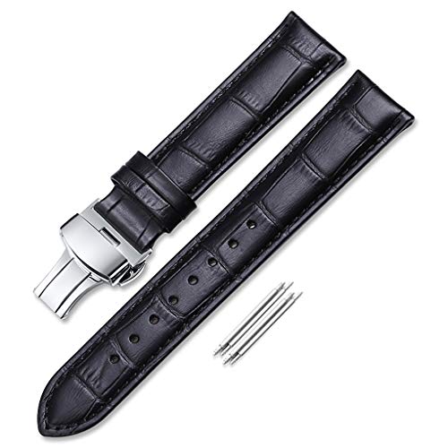 Leather Watch Strap Embossed Grain Classic Design Replacement Watch Band Deployment Buckle for Men Women Black 21mm