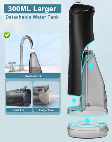 Jet Dentaire Hydropulseur Portable, Hydropulseurs et Irrigateurs 5 Modes 20 Niveaux & 3 Intensités, Réservoir 300ml à Fond Détachable, Irrigateur Sans Fil IPX7, Sans BPA, Silencieux