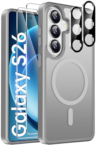 ivencase 5 Pieces Magnetic Case for Samsung Galaxy S26 Compatible MagSafe with 2 Tempered Glass and 2 Camera Protectors, 360° Protection, Anti-Shock, Anti-Yellow Flip Cover Case Cover Case S26, Grey
