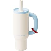 CHAKO LAB BaWang Insulated Stainless Steel Tumbler | Tumbler with Handle and Straw 33oz | Cup Holder Friendly for Travel | Leakproof Water Bottle | BPA-Free | 316 stainless steel liner| white&blue