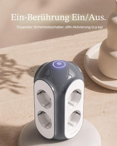 Steckdosenturm Mehrfachsteckdose 6-Fach mit Schalter, 3680W/16A, 1420J Überspannungsschutz, 2 m Kabel, 479g Standfuß, Überlastschutz, 850°C Gehäuse, Büro & Schlafzimmer (Basaltgrau)