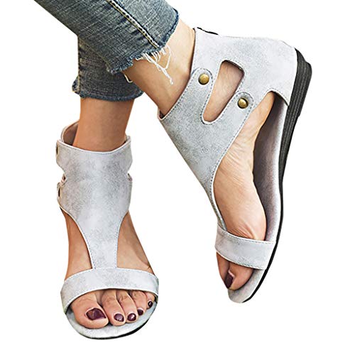 TnaIolral Ladies Sandals Leisure Solid Rome Peep Toe Large Size Flat Shoes (US:5, Gray)