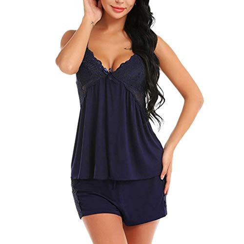 ✔ Hypothesis_X ☎ Women Lingerie Lace Sleepwear Sexy Pajama Camisole Short Sets Dark Blue