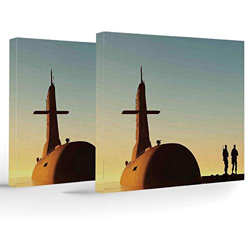iPrint 2 Panels Stretched Canvas Framed Wall Art,War Home Decor,Modern Home Decor Stretched and Framed Ready to Hang,Submarine Below Evening Sky with Soldiers Nuclear Transport Navy Image