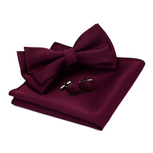 Burgundy Bow Tie Pre-tied Adjustable Wine Red Bow Ties and Pocket Square Cufflink Sets (0577-06) - Thumbnail 7