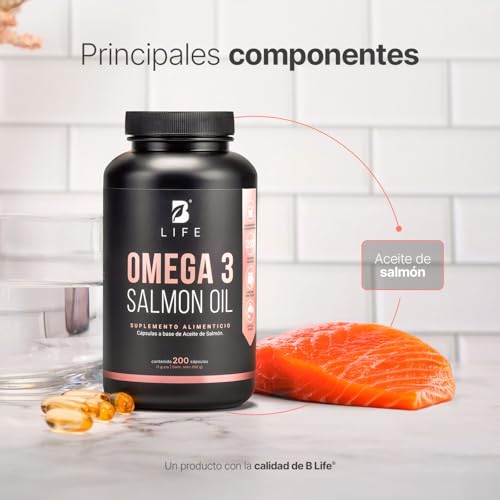 Omega 3 Aceite Puro de Salmón de 200 Cápsulas con 1000 mg por porción. Ingredientes Naturales. Omega 3 Salmon Oil B Life.