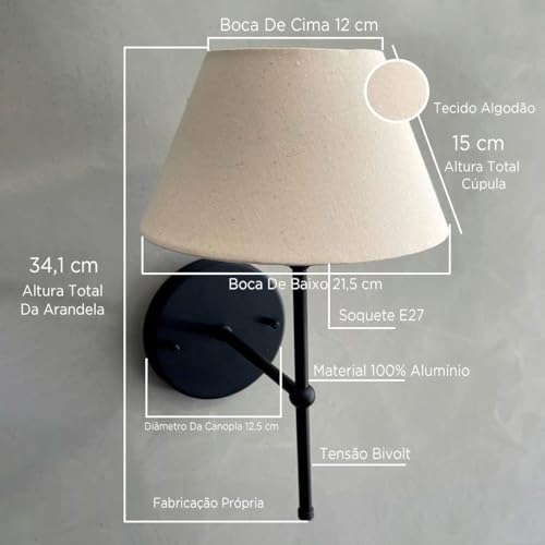Arandela luminaria de Parede Preta de aluminio Com Cúpula algodão Bege Ref 19