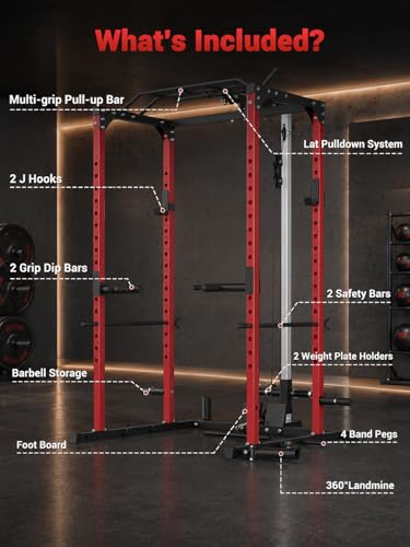 All in One Power Cage Squat Rack with LAT Pulldown & Cable Pulley System, 1200LBS Home Gym Power Rack with Dip Bars, Pull Up Bar, Weight Rack for Bench Press & Strength Training