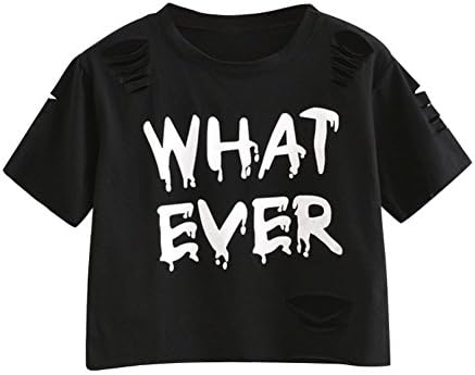 ELINKMALL Women Letter Print Summer Ripped Pullover Crop Harajuku Short Sleeve T Shirt Tops