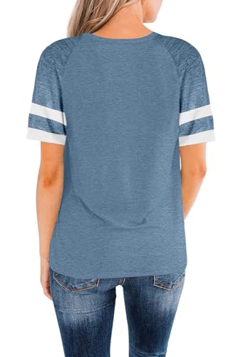 WOMENS T SHIRTS SHORT SLEEVE TUNIC TOPS LOOSE CREWNECK COLOR BLOCK CASUAL TEE SHIRTS BLOUSES BLUE