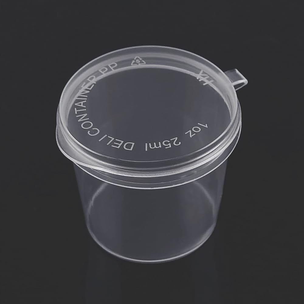 Deolven Sauce Pots with Lids, 100 Pcs 1oz / 25ml Plastic Small Containers for Salad Dressing Sample Snack Jelly Takeaway Sauce and Paints, Reusable Deli Cups Sauce Pot with one-piece Lid