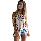 Clearance Sale! Women Shirts WEUIE Floral V Neck Print Loose Beach Ladies Casual T Shirt Tops Blouse Top (Size L/US 10, White)