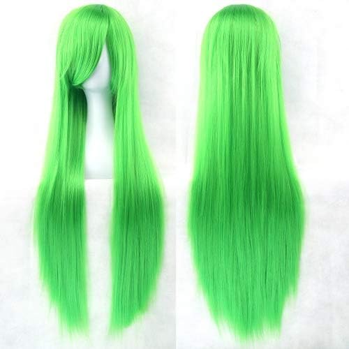 Fouriding 32" Apple Green Women's Long Straight Full Wigs Costume Synthetic Hair Hairpieces with Oblique Bangs for Halloween Anime Cosplay Party Girl Women +Wig Cap