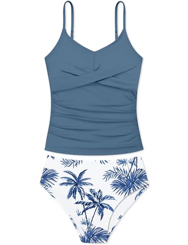 Aulyffo Teen Bathing Suits for Girls 12-14 Teen Swimsuits 12-14 Girl Tankini Swimsuit 2 Piece Criss Cross Printed Girls' Swimwear Gray 13-14 Years