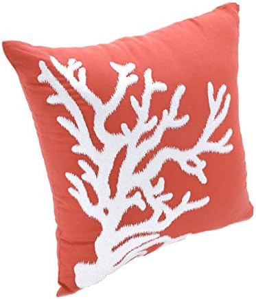 KainKain Coral Throw Pillow Cover Orange Cotton Linen Square Embroider Couch Cushion Sofa Cover White Nautical Coastal Beach House Decor (18 inch x 18 inch)